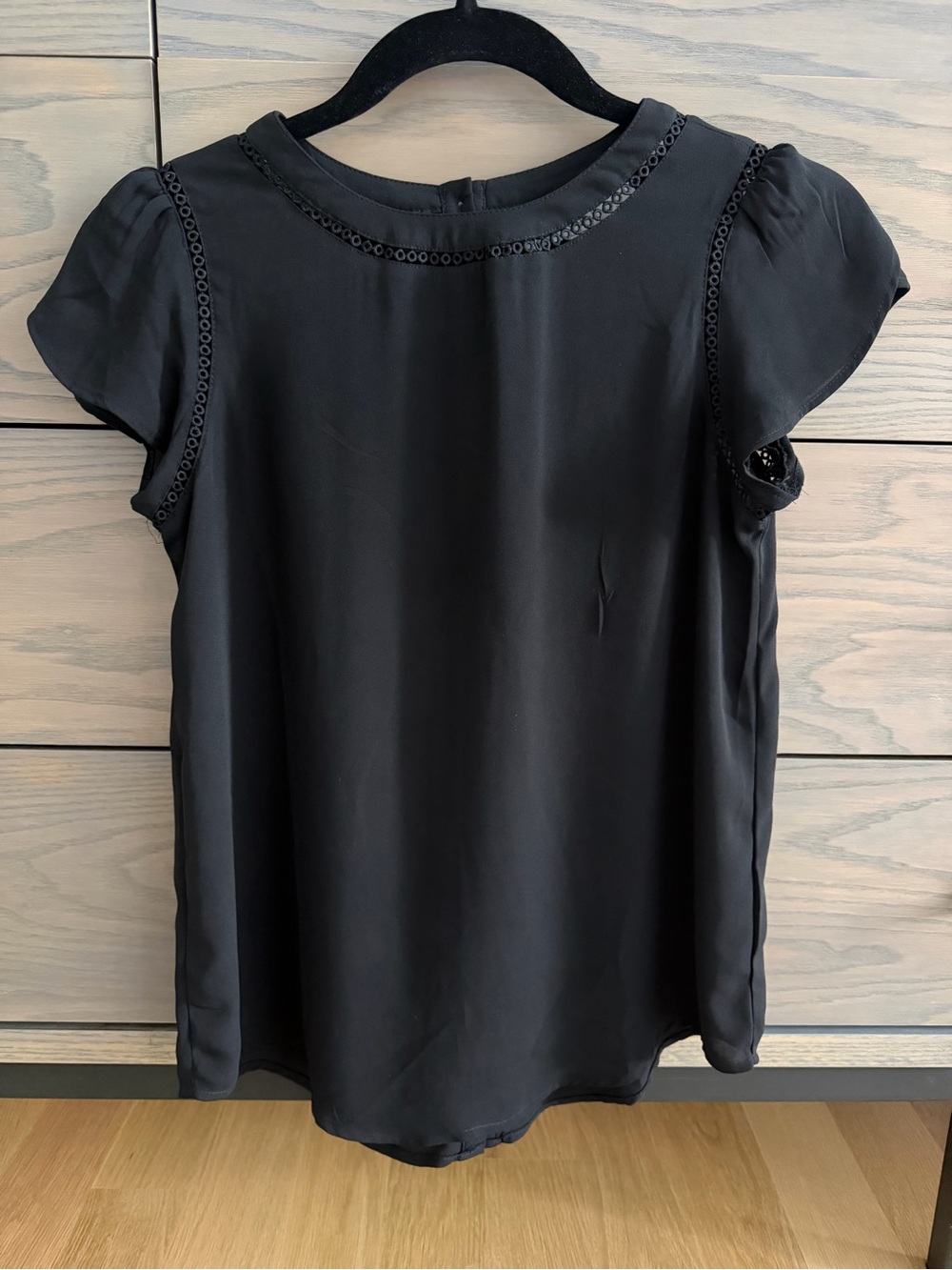 LOFT Black Flutter Sleeve Blouse with Trim Detail